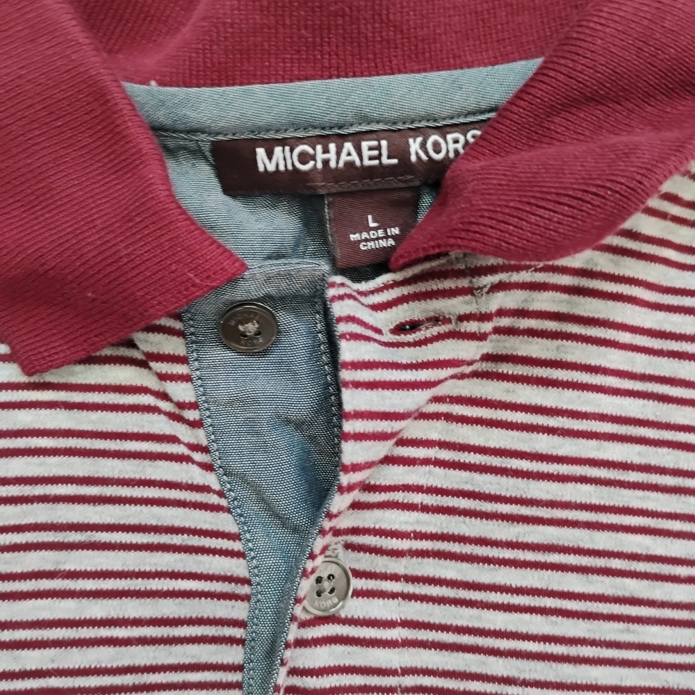 Michael Kors Men's Large Maroon and White Striped Polo Shirt